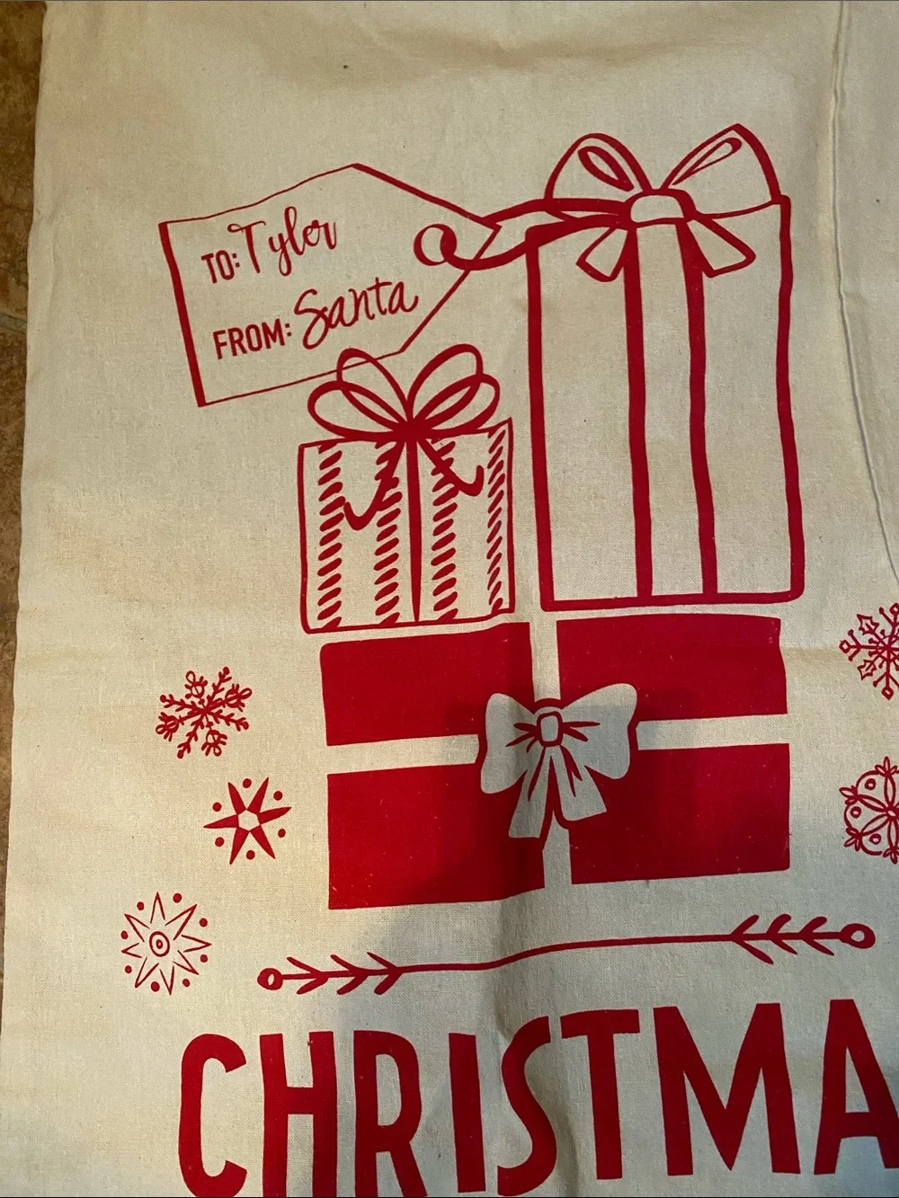 Christmas Delivery Gift Sack - Red on Cream Personalized (Tyler)20”Wx 38”L